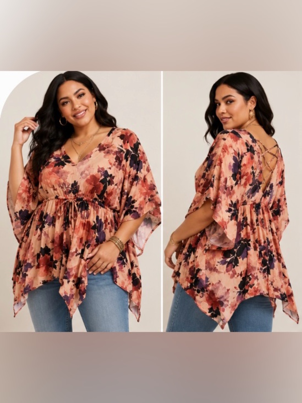 Torrid 0 Plus 0X Large Peach Floral Lattice Back Babydoll Tunic Top Sharkbite